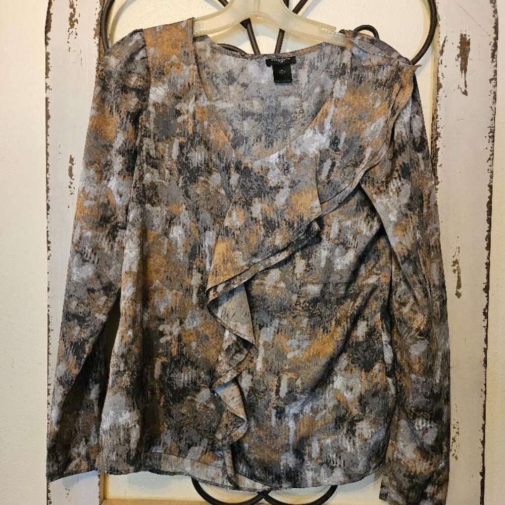 Ann Taylor Tortoiseshell  Ruffled Long sleeve Shirt Blouse XS